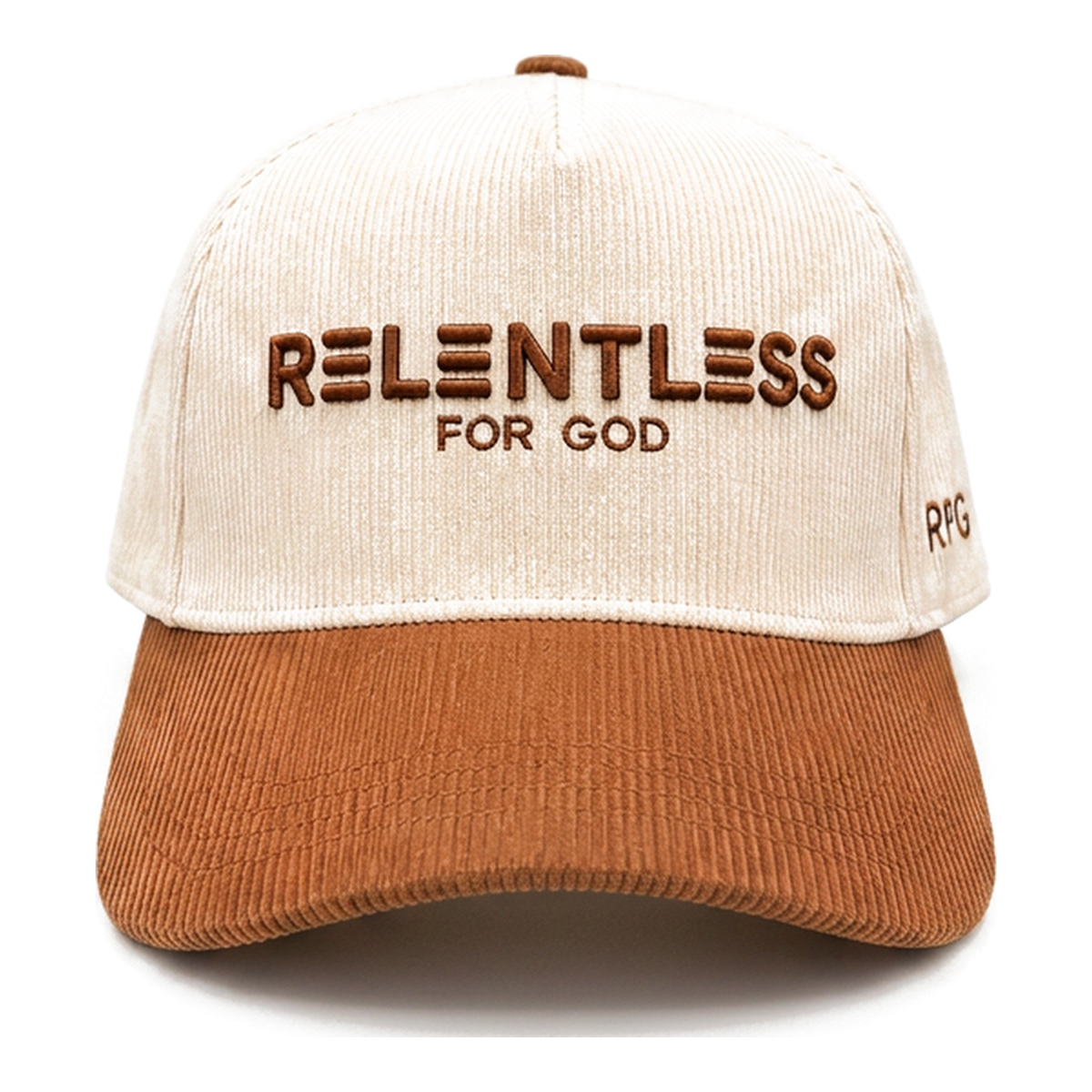 Relentless For God Corduroy Cap — Cream / Brown — Front