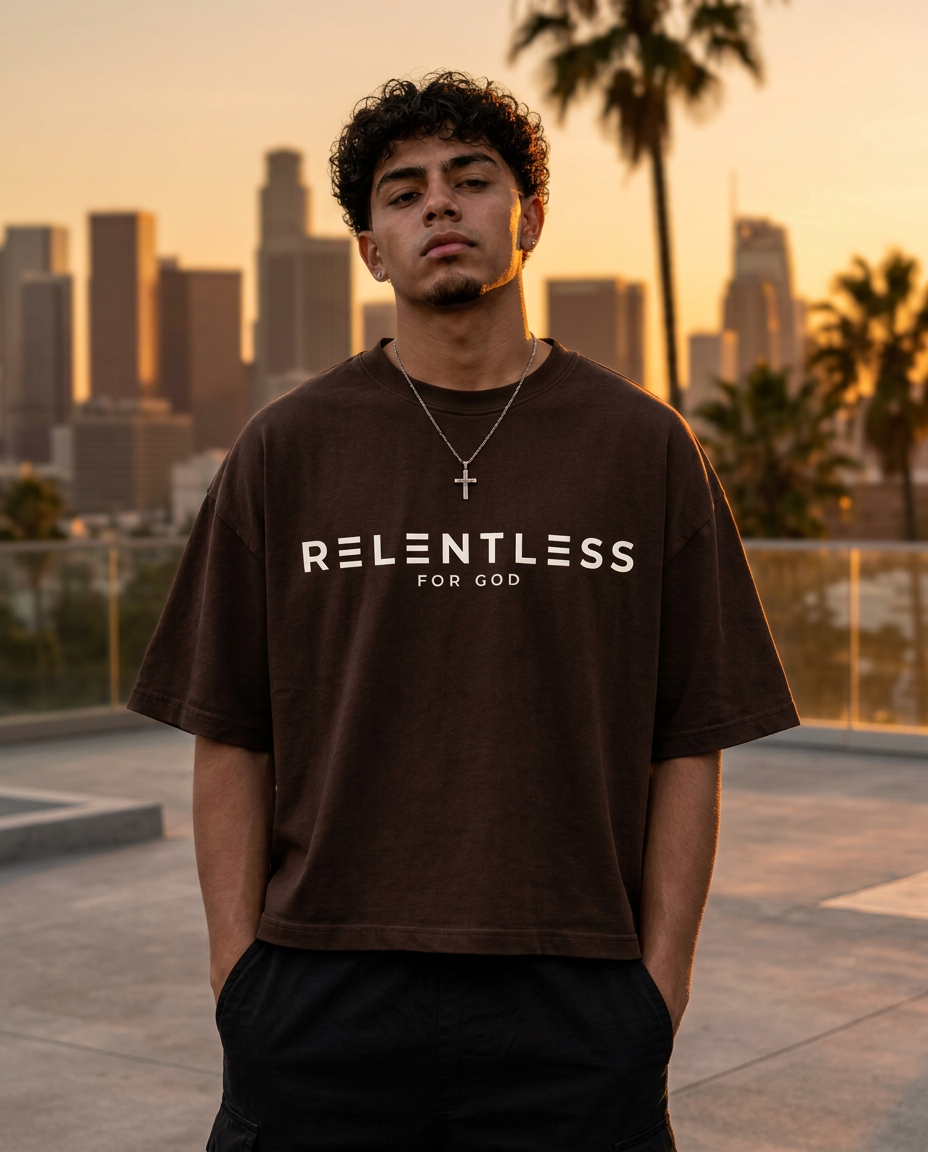 Relentless For God Oversized Tee — Tan — Boxy Fit Model