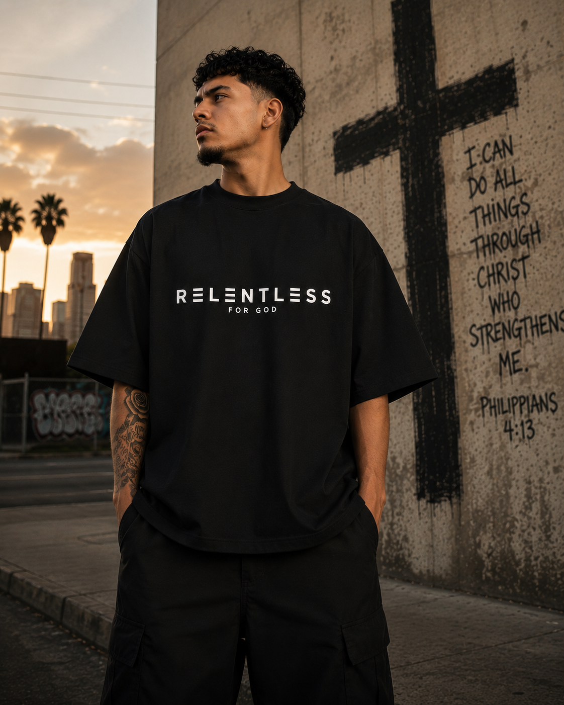 Model wearing Relentless For God apparel